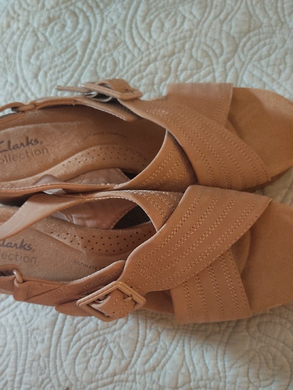 Clarks Tan Suede Crisscross Wedge Sandals - Picture 4 of 8